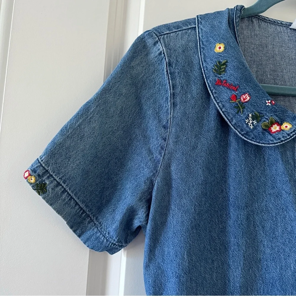 Vintage Bobbie Brooks Blue Denim Floral Embroidered Dress Women’s Size Medium - Picture 4 of 16